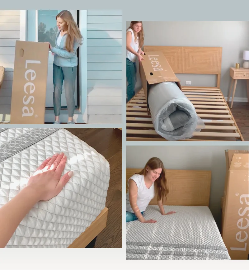 Mosaic of images of woman receiving Leesa mattress shipped directly to her and unboxing
