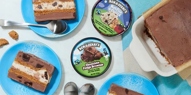 Ben & Jerry's Chocolate Fudge Brownie and Netflix & Chilll'd ice creams with a layered ice cream dessert.