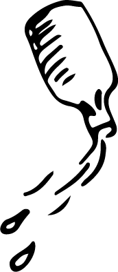 A black line illustration of a bottle spilling product.