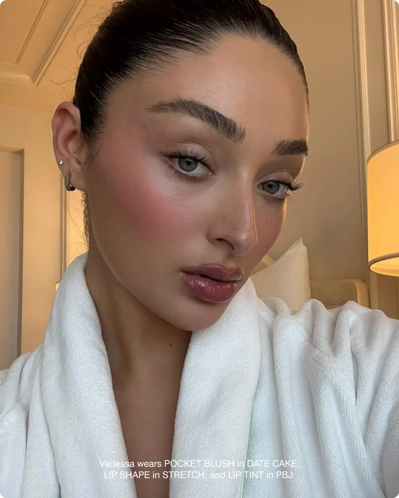 Vanessa wears POCKET BLUSH in DATE CAKE, LIP SHAPE in STRETCH, and LIP TINT in PBJ