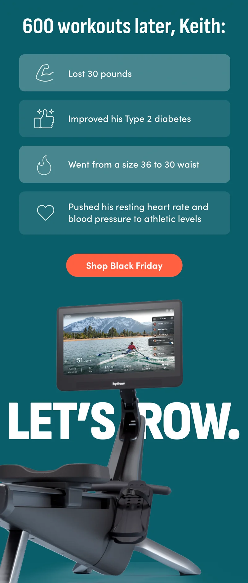 600 workouts later, Ketih: lost 30 pounds, improved his Type 2 diabetes. Went from a size 36 to 30 waist. Pushing his resting heart rate and blood pressure to athletic levels. Shop Black Friday.