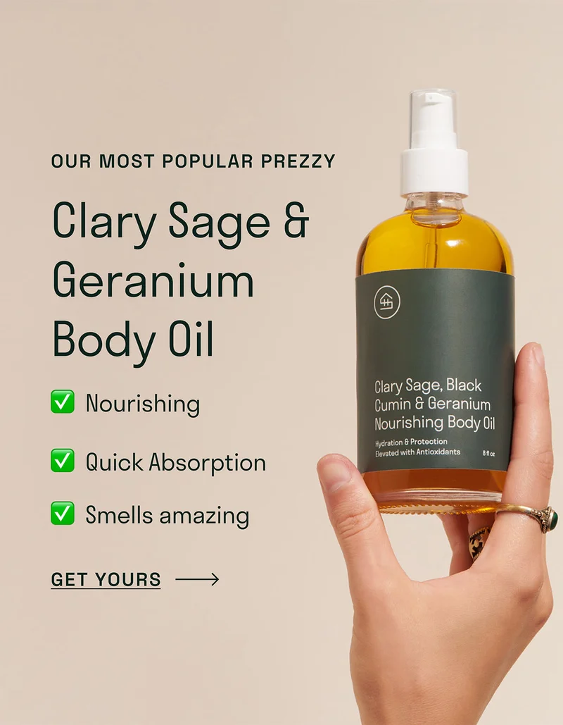 Our most popular prezzy. Clary Sage & Geranium Body Pil