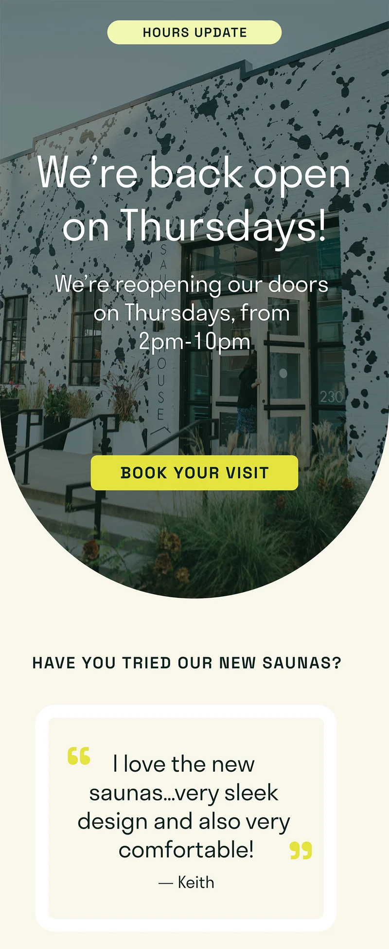 Hours update. We're back open on Thursdays! We'll reopen our doors on Thursdays, from 2pm - 10pm.