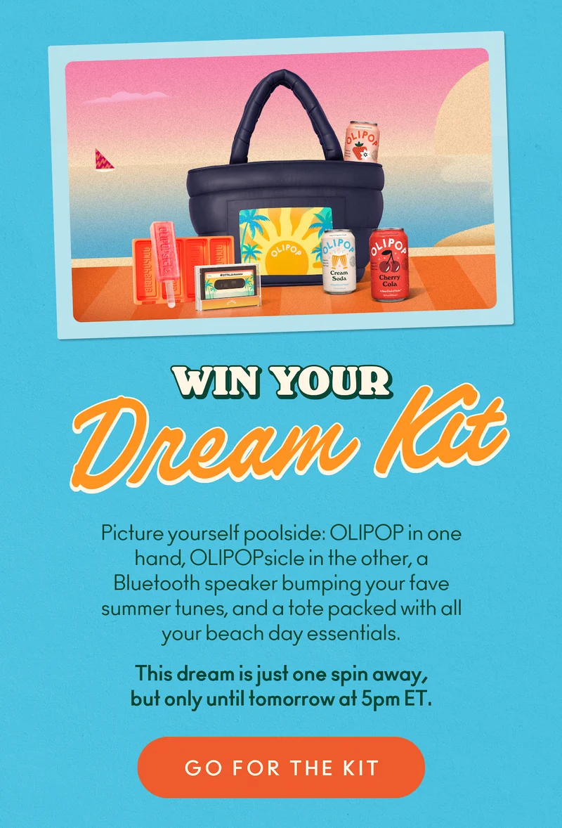 Picture yourself poolside: OLIPOP in one hand, OLIPOPsicle in the other, a Bluetooth speaker bumping your fave summer tunes, and a tote packed with all your beach day essentials.   This dream is just one spin away, but only until tomorrow at 5pm ET.