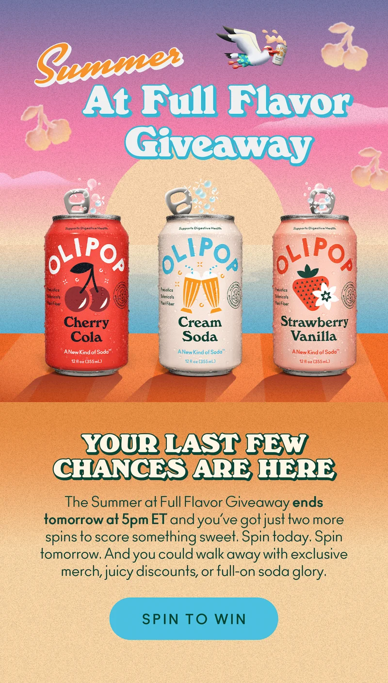 The Summer at Full Flavor Giveaway ends tomorrow at 5pm ET and you’ve got just two more spins to score something sweet. Spin today. Spin tomorrow. And you could walk away with exclusive merch, juicy discounts, or full-on soda glory.
