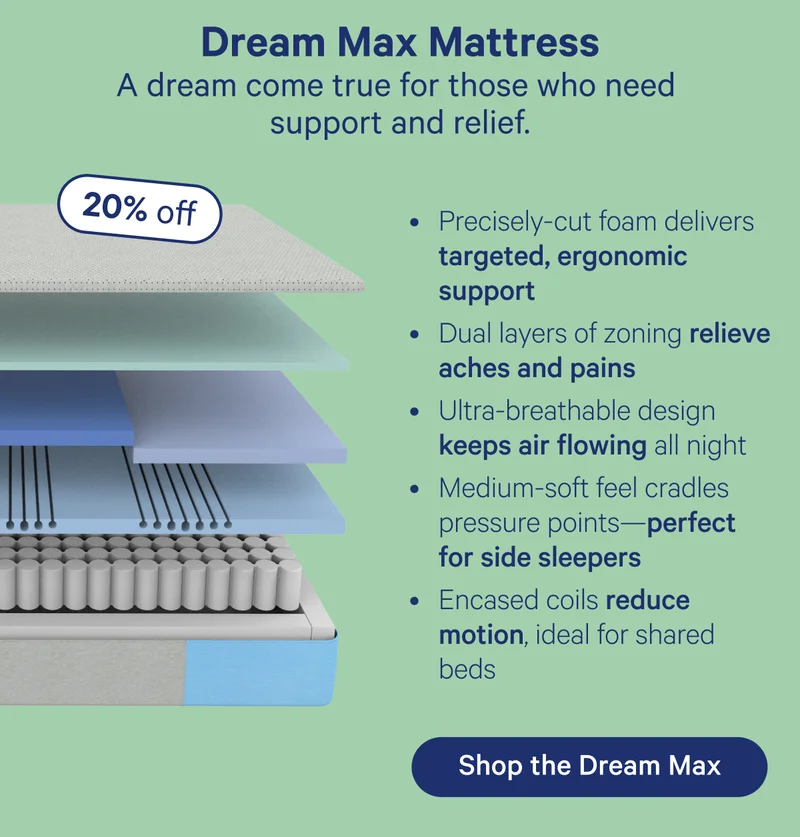 Dream Max Mattress; A dream come true for those who need support and relief. Precisely-cut foam delivers targeted, ergonomic support, Dual layers of zoning relieve aches and pains, Ultra-breathable design keeps air flowing all night, Medium-soft feel cradles pressure points—perfect for side sleepers, Encased coils reduce motion, ideal for shared beds