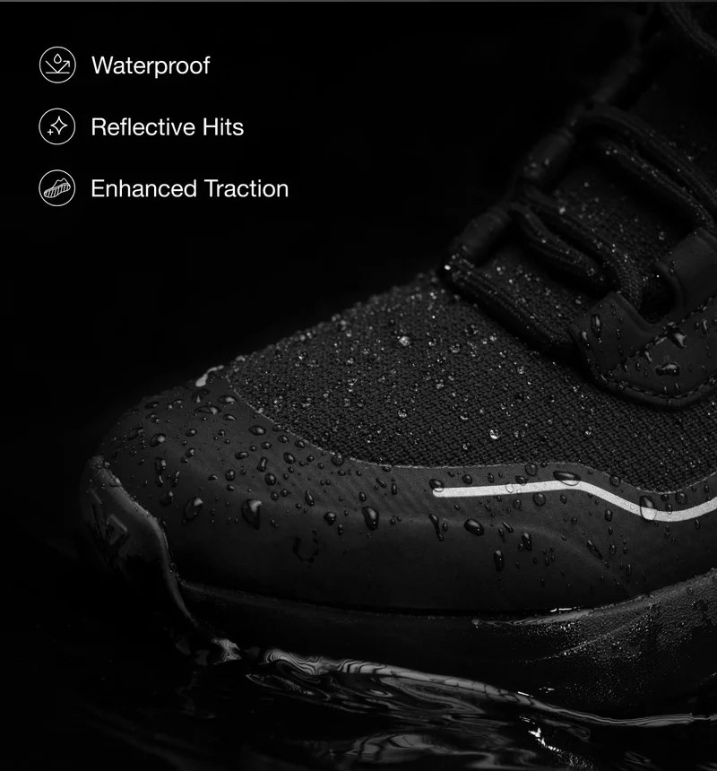 Graphic of the Stormburst High Top in Space Black. Waterproof. Reflective Hits.  Enhanced Traction.