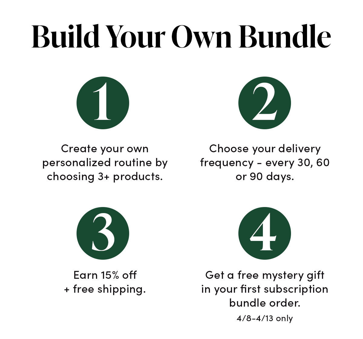How it Works: Create your own personalized routine by choosing 3+ products. Choose your delivery frequency - every 30, 60 or 90 days.  Earn 15% off + free shipping. Get a free mystery gift in your first subscription bundle order, 4/8-4/13 only.