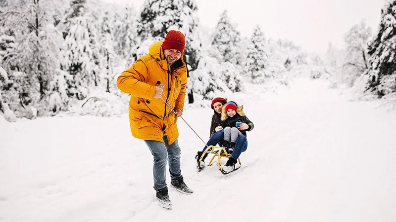 Image description: Father pulling family on sled on snowy day in forest