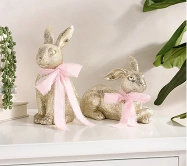 S/2 Decorative Champagne Bunnies with Ribbon by Kim Gravel