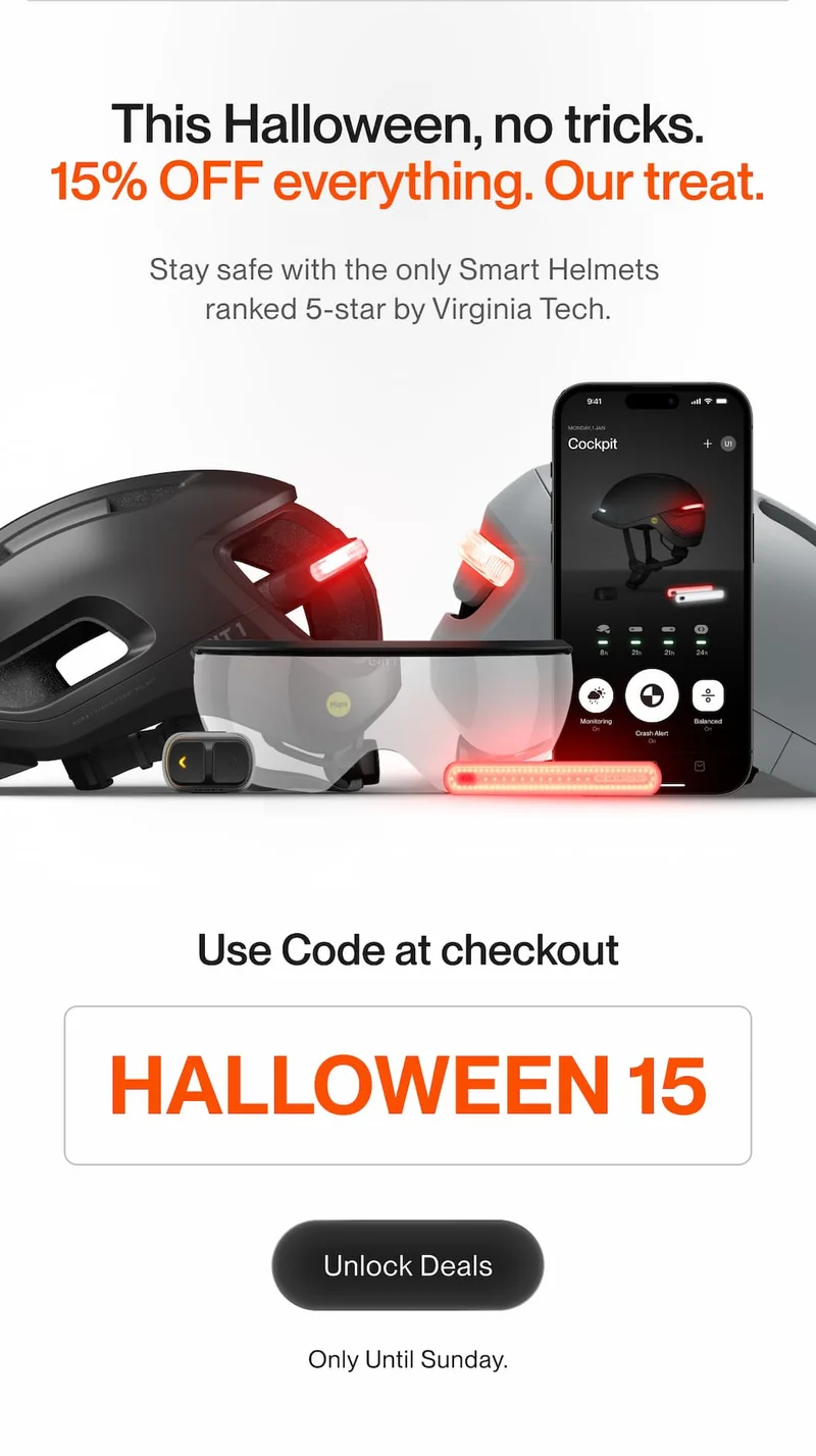 UNIT 1 smart helmets, smart light, and app interface. Headline: 15% OFF everything this Halloween. Code HALLOWEEN15. Offer ends Sunday.