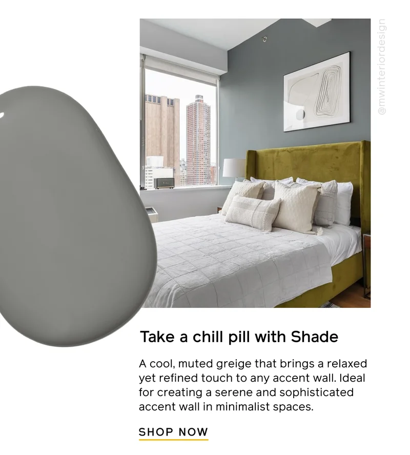 Take a chill pill with Shade. A cool, muted greige that brings a relaxed yet refined touch to any accent wall. Ideal for creating a serene and sophisticated accent wall in minimalist spaces. SHOP NOW