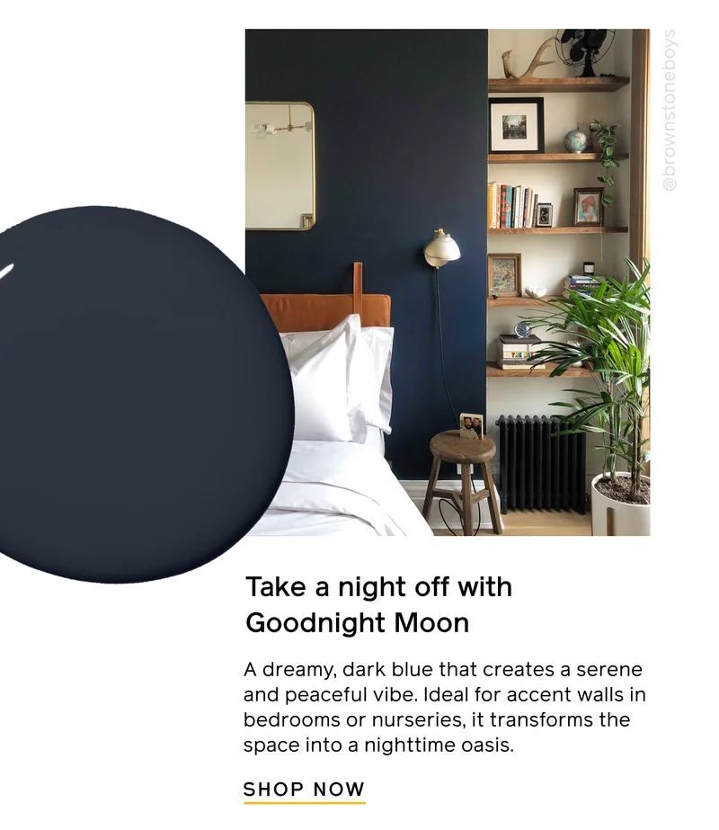 Take a night off with Goodnight Moon. A dreamy, dark blue that creates a serene and peaceful vibe. Ideal for accent walls in bedrooms or nurseries, it transforms the space into a nighttime oasis. SHOP NOW