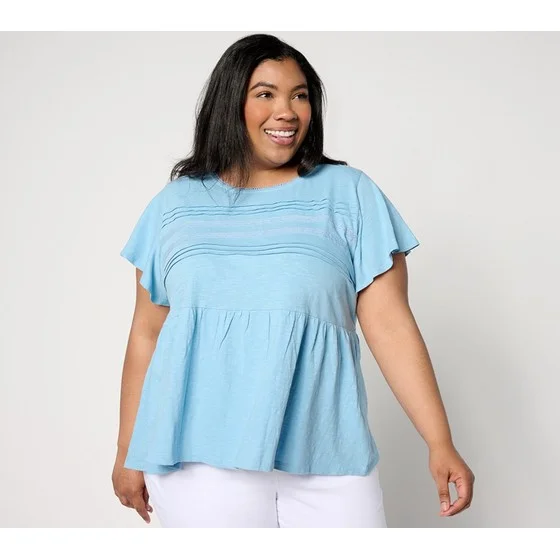 Denim & Co. Canyon Retreat Short Sleeve Crew Neck w/ Lace Details