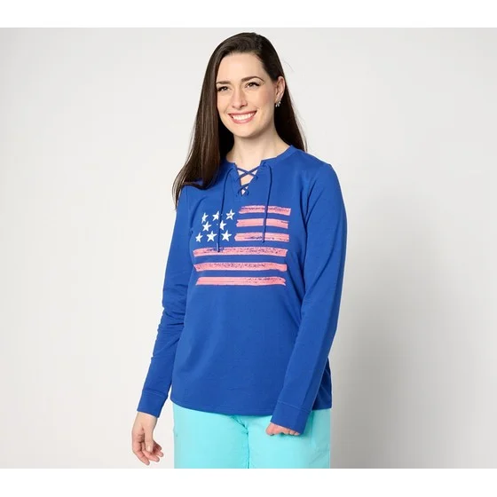 Denim & Co. Active Americana Flag French Terry Sweatshirt