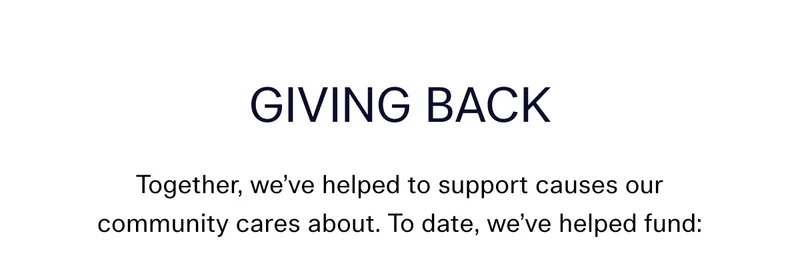 Giving Back    Together, we’ve helped to support causes our community cares about. To date, we’ve helped fund: