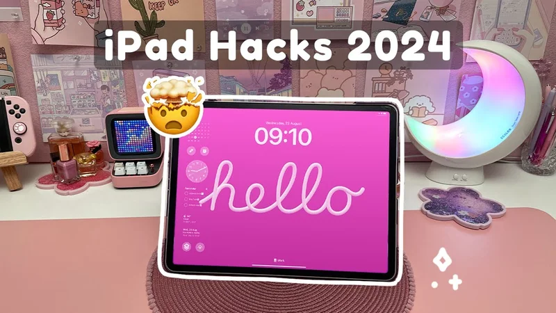 An iPad with a bright pink background and the word hello on it sits on a desk with a little mindblown emoji and the words iPad Hacks 2024 above it.