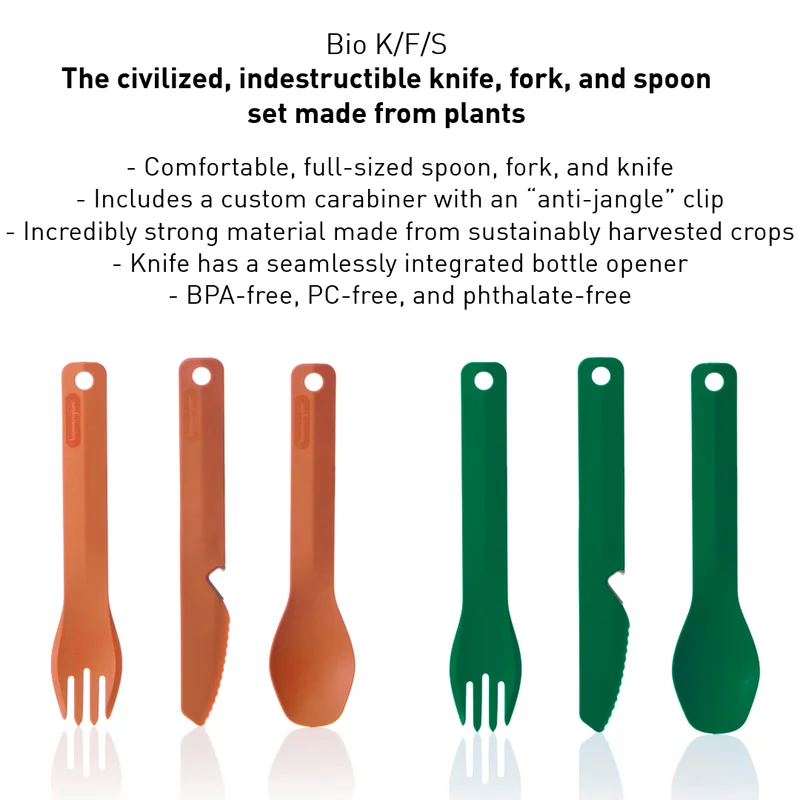 The civilized, indestructible knife, fork, and spoon set made from plants. - Comfortable, full-sized spoon, fork, and knife - Includes a custom carabiner with an “anti-jangle” clip - Incredibly strong material made from sustainably harvested crops - Knife has a seamlessly integrated bottle opener - BPA-free, PC-free, and phthalate-free