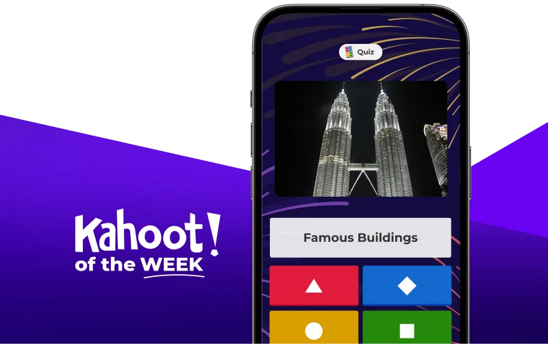Smartphone displaying a kahoot entitled ''Famous Buildings''