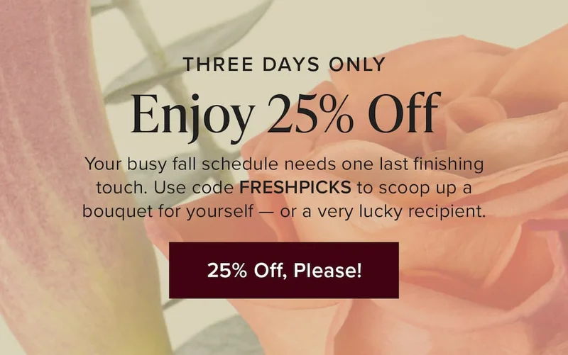 Three Days Only: Enjoy 25% Off. Your busy fall schedule needs one last finishing touch. Use code discount code to scoop up a bouquet for yourself — or a very lucky recipient.