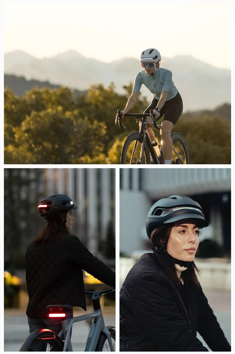 A collage of three images featuring female riders wearing the AURA and FARO smart helmets in different settings—on a road bike in the mountains, commuting at night with rear lights on, and a close-up of a sleek helmet design.