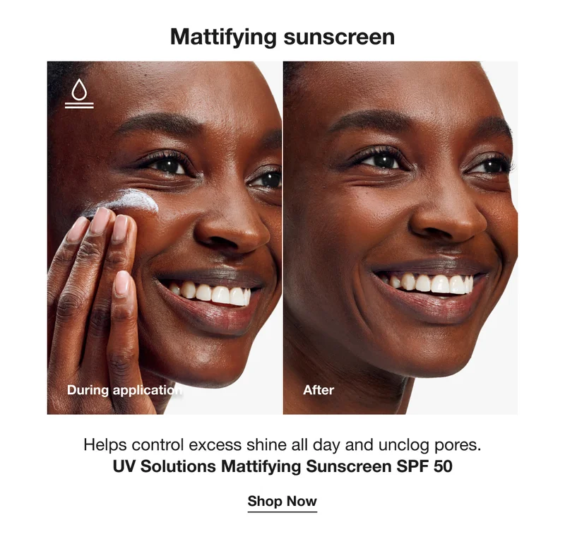 Mattifying sunscreen|Helps control excess shine all day and unclog pores.UV Solutions Mattifying Sunscreen SPF 50|Shop Now