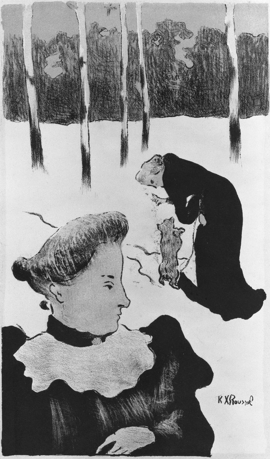An illustration of women walking in the snow with a dog