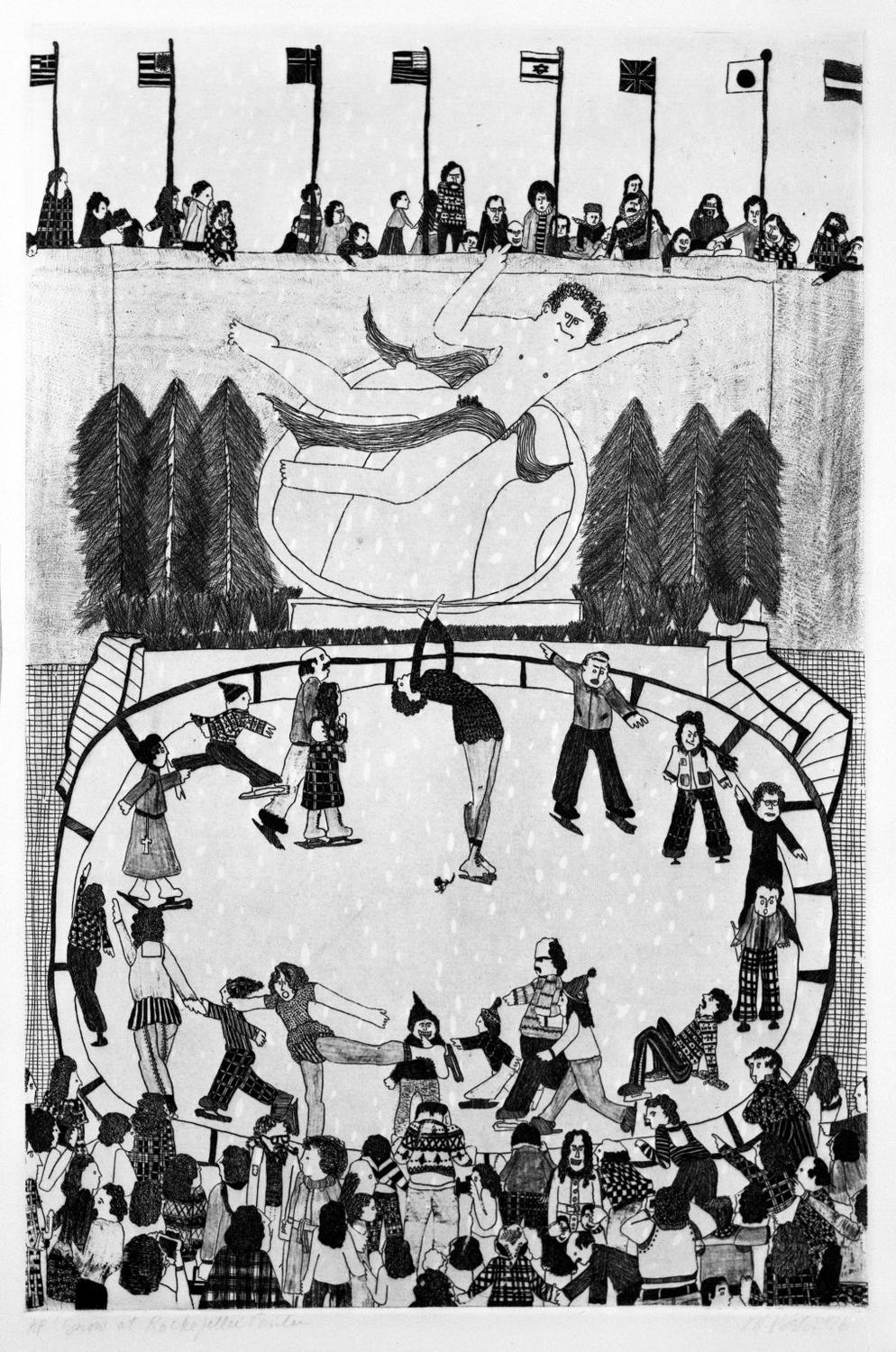 An illustration of ice skaters at Rockefeller Center