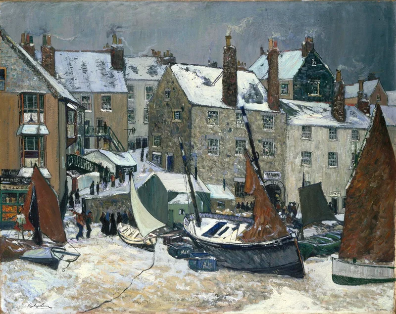 A painting of houses and ships covered in snow
