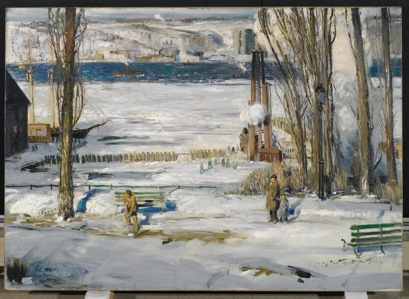 A painting of snow in a park