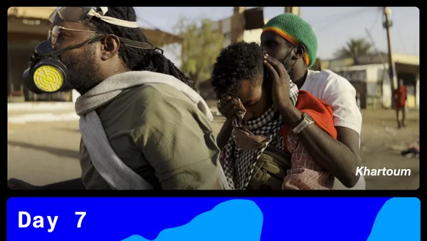 "Khartoum" film still. Below, text reads Day 7.