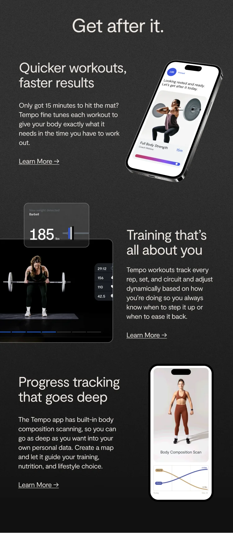 "Get after it." With a list of benefits below including "Quicker workouts, faster results," "Training that's all about you," "Progress tracking that goes deep."