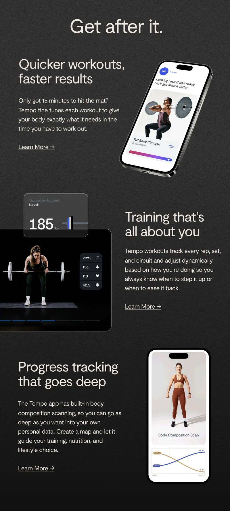 "Get after it." With a list of benefits below including "Quicker workouts, faster results," "Training that's all about you," "Progress tracking that goes deep."