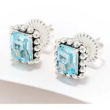 JAI Sterling Silver Emerald Cut Gemstone Stud Earrings