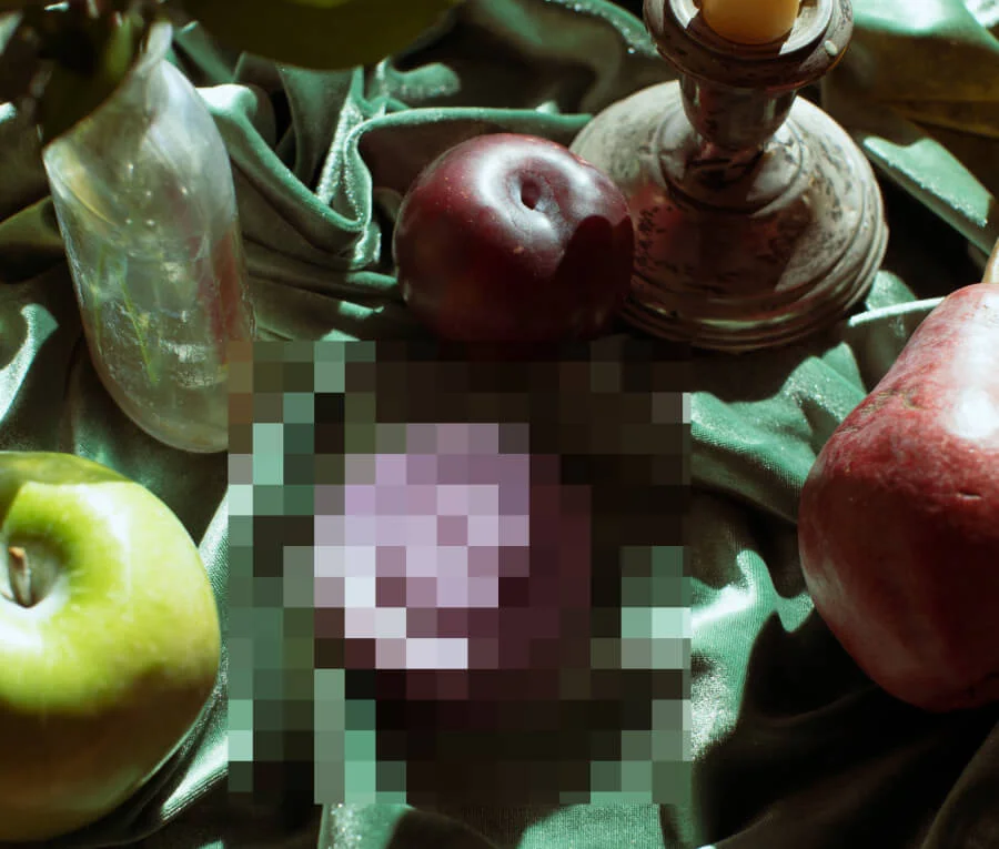 Fruits and candles on a green tablecloth, with the upcoming product blurred out