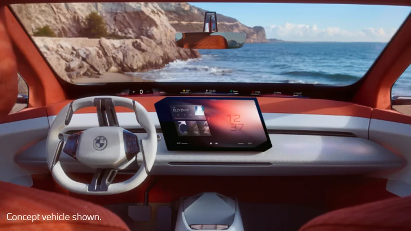 Interior of the Neue Klasse X overlooking the ocean through the windshield. Concept vehicle shown.