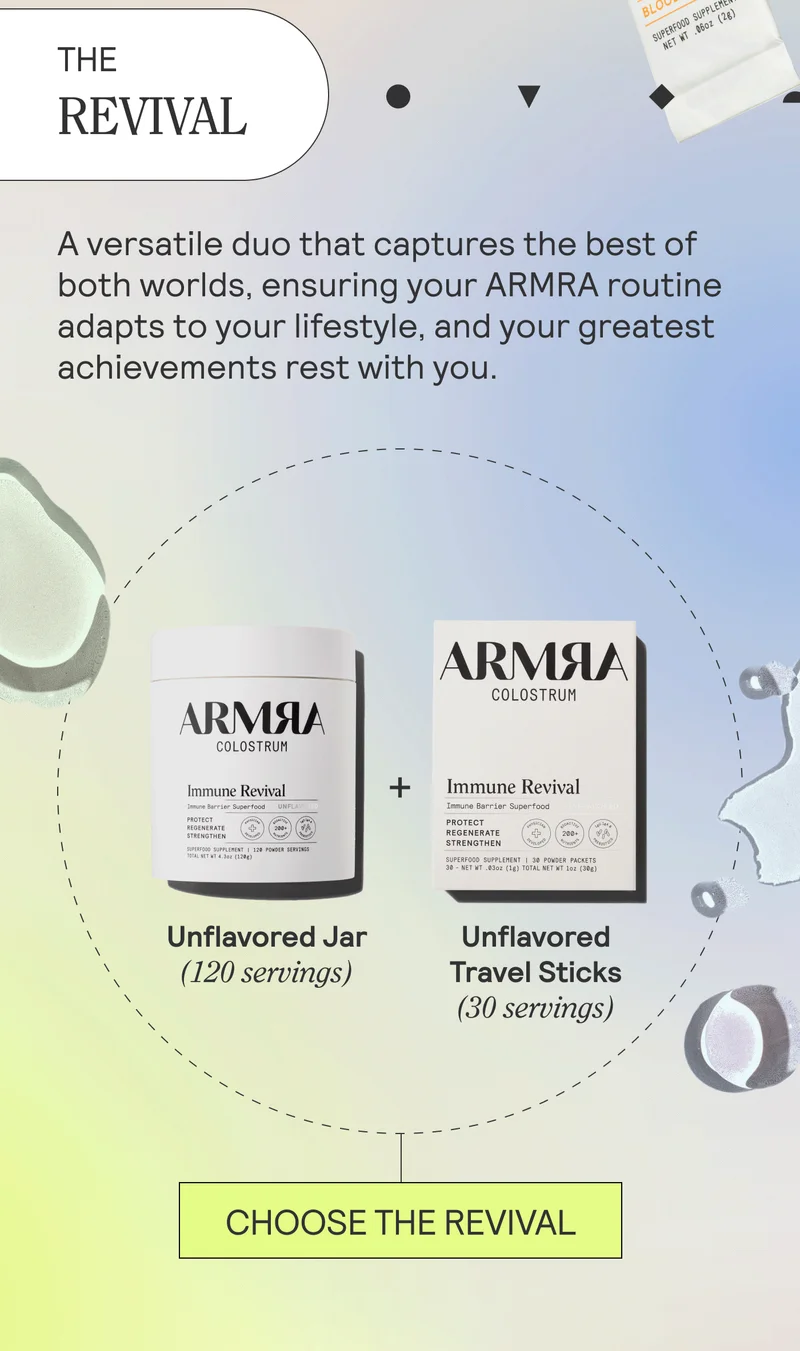 THE REVIVAL. A versatile duo that captures the best of both worlds, ensuring your ARMRA routine adapts to your lifestyle, and your greatest achievements rest with you.  Unflavored Jar (120 servings) Unflavored Travel Sticks (30 servings)
