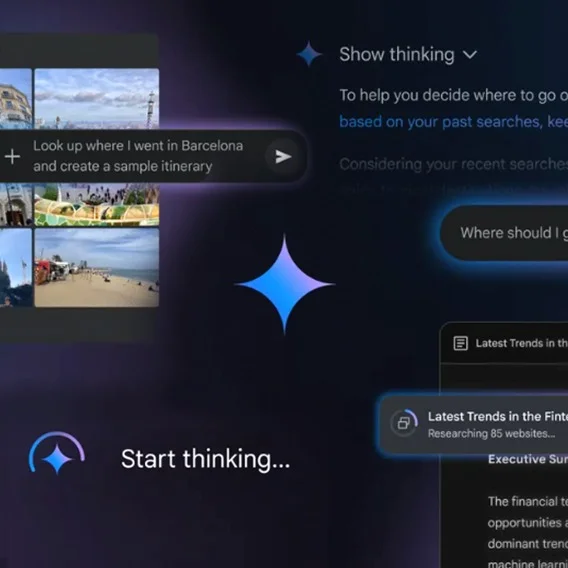 An illustration of different AI query options overlaid with the prominent phrase “Start thinking…”