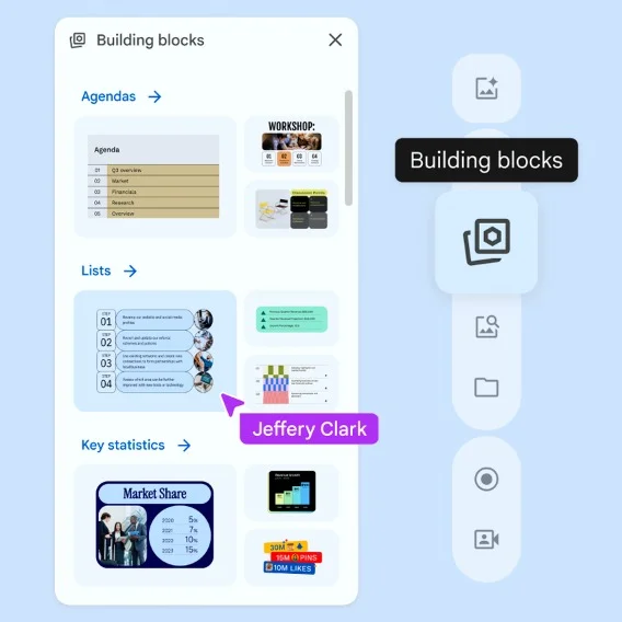 An illustration of of different options for slides like “lists” “agendas” and “statistics” with the embedded phrase “Building blocks”
