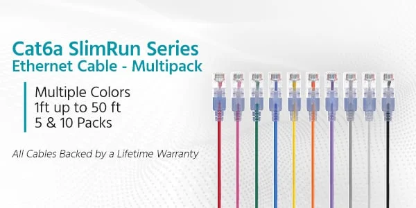 Cat6a SlimRun Series Ethernet Cable - Multipack, Multiple Colors 1ft up to 50ft, 5 and 10 packs, all cables backed by a lifetime warranty