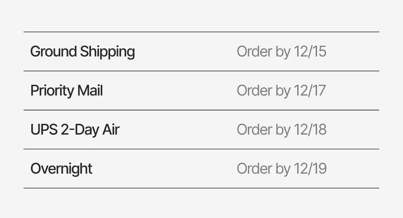 Order by 12/15 for ground shipping, by 12/17 for priority mail, by 12/18 for 2-day air, by 12/19 for overnight