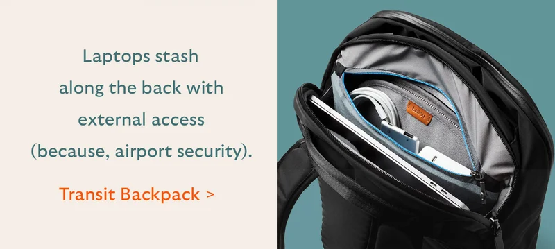 Laptops stash along the back with external access (because, airport security).