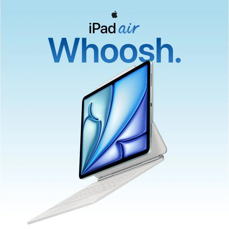 iPad Air, side interior, silver, paired with Magic Keyboard and Apple Pencil Pro, text reads: iPad air. Whoosh.