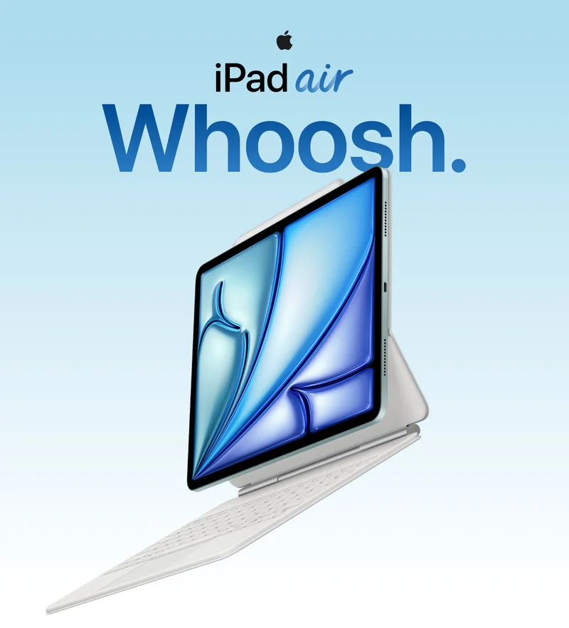 iPad Air, side interior, silver, paired with Magic Keyboard and Apple Pencil Pro, text reads: iPad air. Whoosh.
