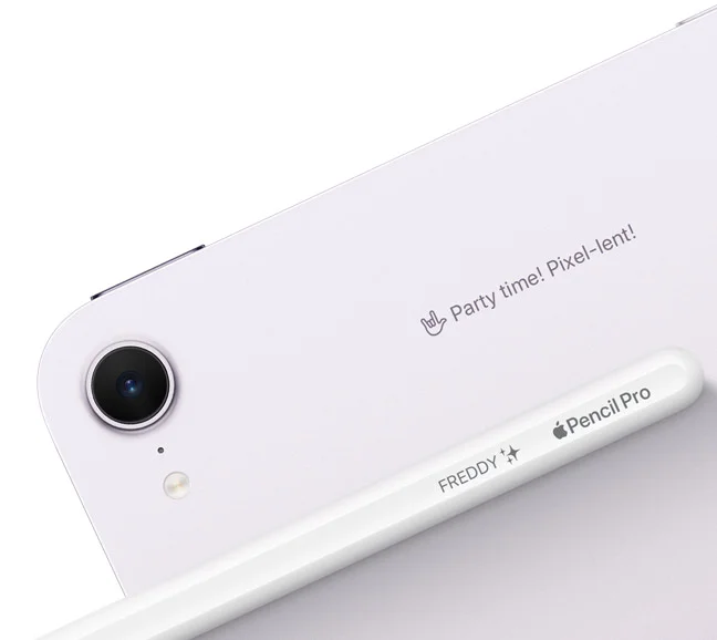 Apple Pencil Pro resting on iPad Air, back exterior, both devices engraved showing personalization