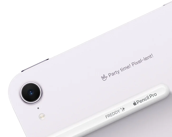 Apple Pencil Pro resting on iPad Air, back exterior, both devices engraved showing personalization