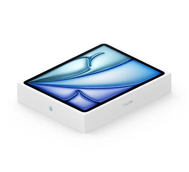 iPad box, the top displays iPad front exterior with abstract wallpaper, short side features Apple Logo, long side displays text reading iPad Air