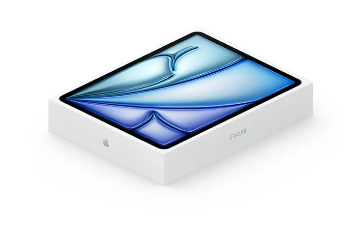 iPad box, the top displays iPad front exterior with abstract wallpaper, short side features Apple Logo, long side displays text reading iPad Air