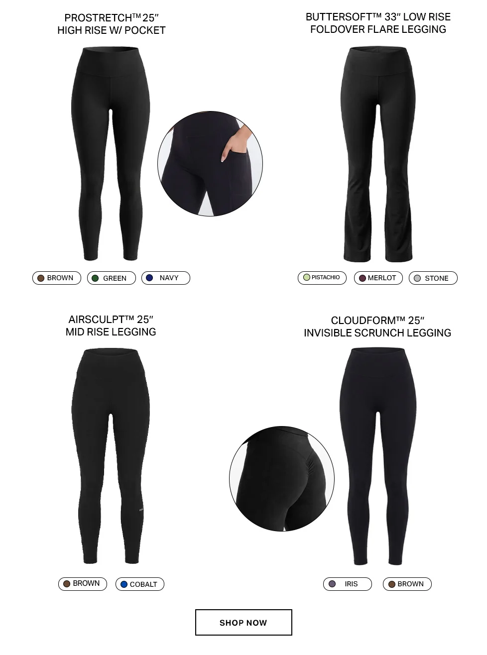 Four distinct women's activewear leggings: high-rise, flare, mid-rise, scrunch styles. Mostly black, with other color options. Shop leggings now.
