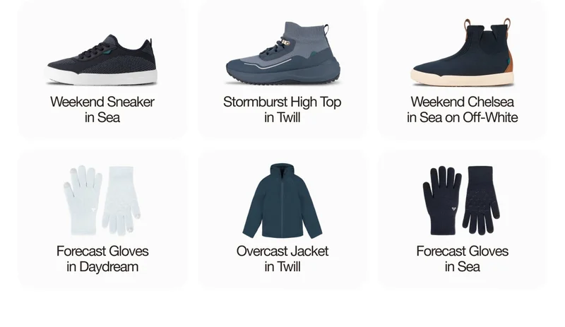 Weekend Sneaker in Sea. Stormburst High Top in Twill. Weekend Chelsea in Sea on Off-White. Forecast Gloves in Daydream. Overcast Jacket in Twill. Forecast Gloves in Sea.